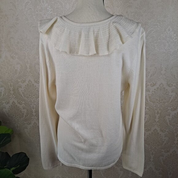 Lauren Ralph Lauren Size XL Cream Colored V-Neck Sweater Ruffle Detail Long Slve - Picture 6 of 9